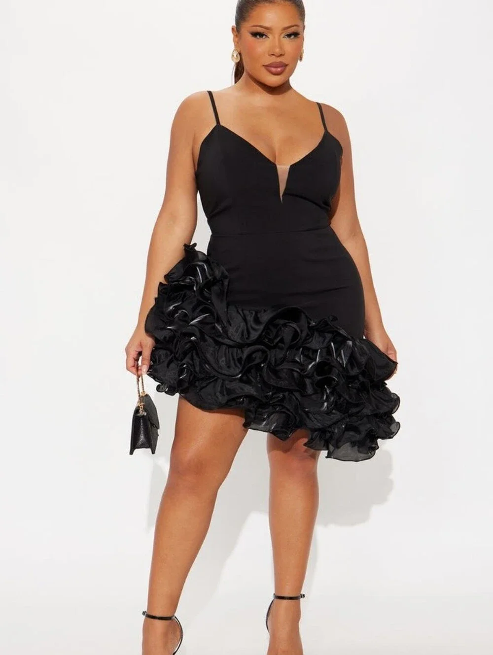 Black Ruffle Hem Spaghetti Strap Mini Dress